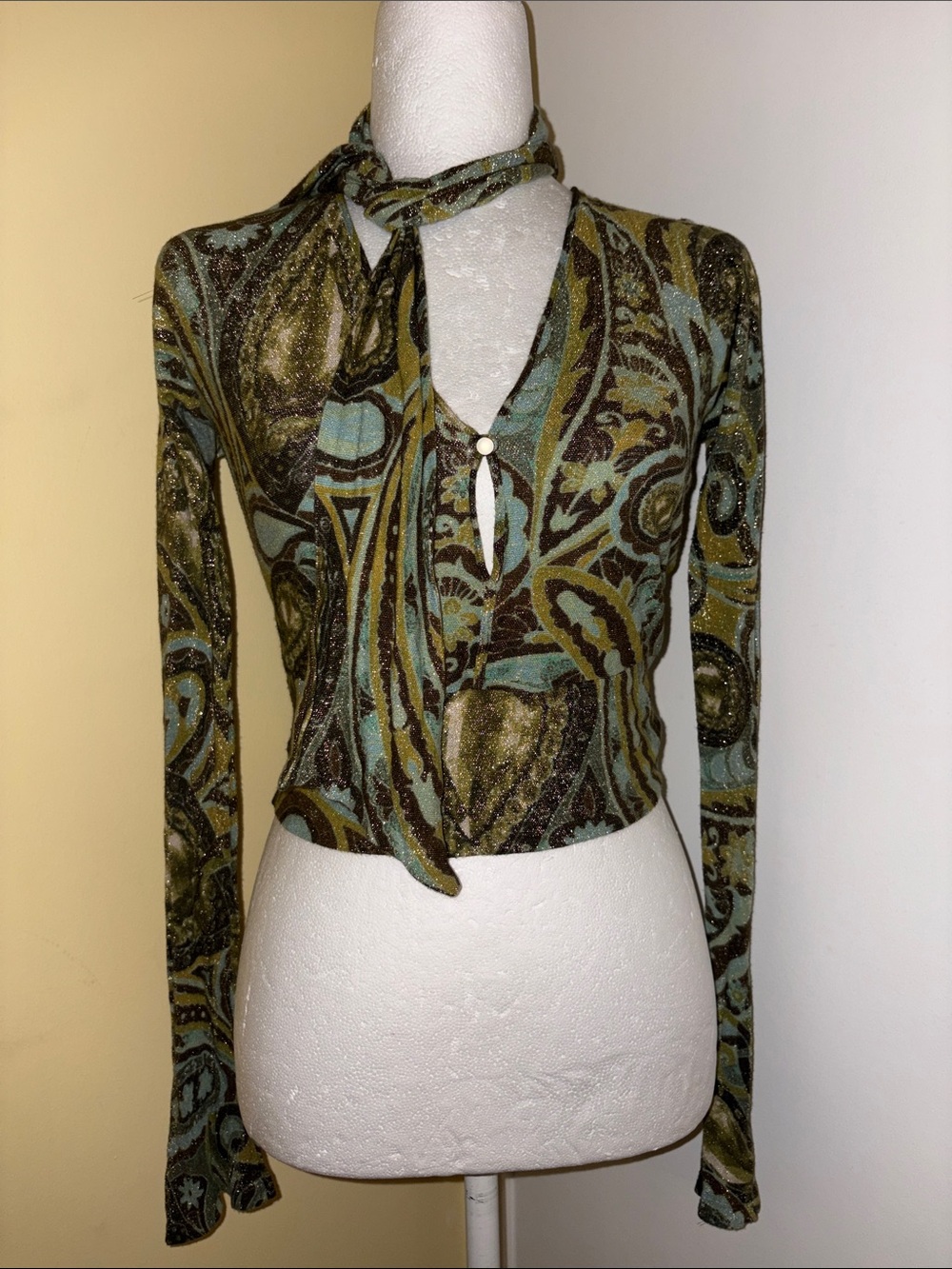 Roberto Cavalli Womens Olive & Teal Printed Long-Sleeve Tie-Neck Top